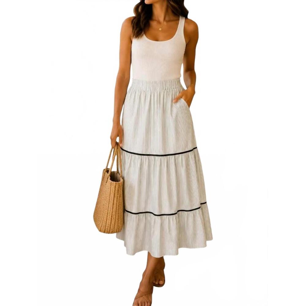 NEW SHE + SKY woven striped tiered long skirt in off white